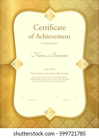 Portrait certificate of achievement template in vector with applied Thai art background, gold theme color