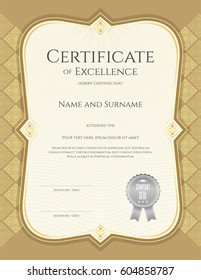 Portrait certificate of achievement template in vector with applied Thai art background, gold color