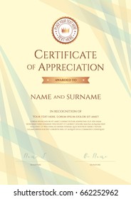Portrait certificate of appreciation template with award ribbon on abstract ribbon background