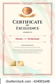 Portrait certificate of excellence template on abstract ribbon background with vintage border style