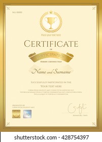 Portrait Certificate Of Participation In Gold Theme With Award Trophy Seal 