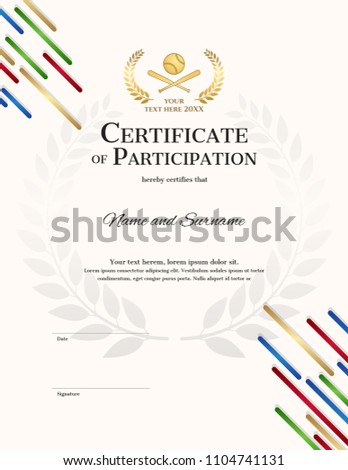 Portrait certificate template in baseball sport theme with sport color stripe theme background, Diploma design