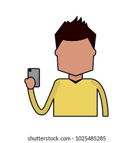 portrait character holding in hand smartphone device
