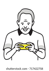 Portrait character of senior, old man, holding smartphone and playing game. Outline, thin line art, linear, doodle, hand drawn sketch design. 