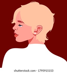 Portrait of a charming blonde in profile view. A beautiful woman with blue eyes, short hair, full lips. The girl smiles, looks away. Vector illustration for a profile avatar in a social network.