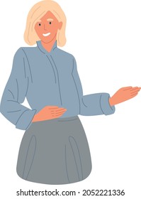 Portrait of a charming happy business blonde. Smiling girl with short hair. Woman in blue fashionable clothes. Semi-profile view.  Cartoon Style Vector Illustration