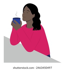 Portrait of a cheerful black girl with a cup in her hands, a girl inhales the aroma of coffee or tea while sitting at the table, isolate on white, flat illustration, handmade