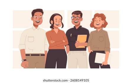 Portrait of cheerful business team. Friendly employees on isolated background. Vector illustration in flat style