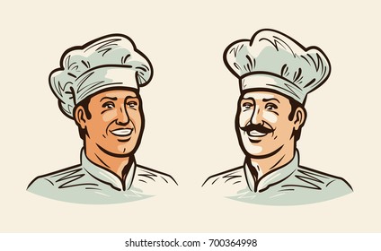 Portrait of cheerful chef, cook. Illustration for design menu restaurant or cafe. Vintage vector