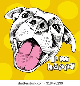 Portrait of a cheerful dog on a yellow background. Vector illustration.