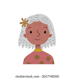 Portrait Of A Cheerful Elderly Black Woman. Vector Illustration In Cartoon Childish Style. Isolated Funny Clipart Character On A White Background. Cute Print Old Man Avatar With Dreadlocks.