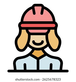 Portrait of a cheerful female construction worker wearing a pink safety helmet and uniform, embodying women in construction