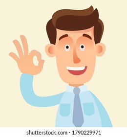 Portrait of cheerful and happy guy showing okay gesture. Manager shows gesture - everything is ok. Vector illustration, flat design, cartoon style, isolated background.