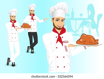 portrait of cheerful hipster male chef holding a tray with christmas roasted turkey over blue background