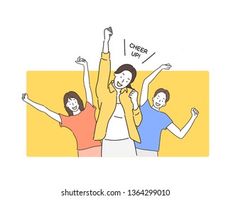 Portrait of cheerful people in basic clothing smiling and clenching fists like winners or happy people isolated over yellow background. Hand drawn style vector design illustrations.