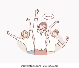 Portrait of cheerful people in basic clothing smiling and clenching fists like winners or happy people isolated over yellow background. Hand drawn style vector design illustrations.
