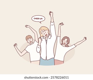 Portrait of cheerful people in basic clothing smiling and clenching fists like winners or happy people isolated over yellow background. Hand drawn style vector design illustrations.