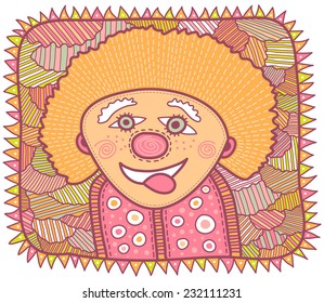 Portrait of a cheerful smiling clown, stuck out his tongue. A large yellow clown hair like the sun.