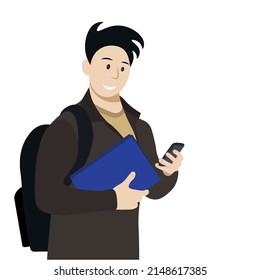 Portrait of a cheerful student with books in one hand and a phone in the other, isolated on white, flat vector, happy student