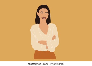 Portrait of cheerful woman with arms crossed on yellow background. Smiling at camera. Lifestyle concept. Vector illustration. Flat style.