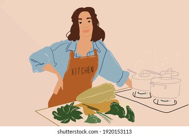 Retrato de una mujer alegre con ingredientes frescos en el hermoso interior de la cocina de diseño. El ama de casa cocina un almuerzo o cena verde saludable. Ilustración del vector