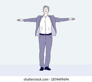 Portrait of a cheerful young businessman with raised arms celebrating. Hand drawn in thin line style, vector illustration.