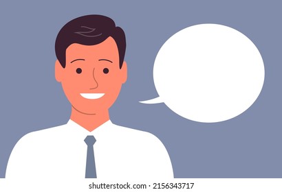 Portrait of a cheerful young man with a happy smile. Business clothes, tie. Talking bubble. Flat vector illustration isolated on blue background