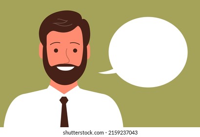 Portrait of a cheerful young man with a happy smile. Face with beard. Business clothes, tie. Talking bubble. Flat vector illustration isolated on blue background