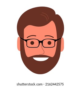 Portrait of a cheerful young man with a happy smile. Barber salon. Face with beard and glasses. Flat vector illustration of a male head. Isolated on white background