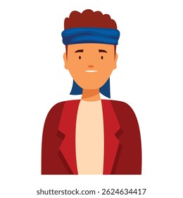 Portrait of a cheerful young man sporting a blue headband and a stylish red jacket, exuding a trendy and confident vibe