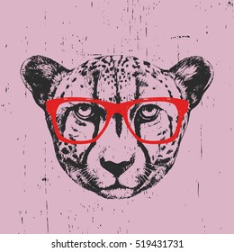 Portrait of Cheetah with glasses. Hand-drawn illustration. T-shirt design. Vector