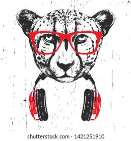 Portrait of Cheetah with glasses and headphones. Hand-drawn illustration. T-shirt design. Vector