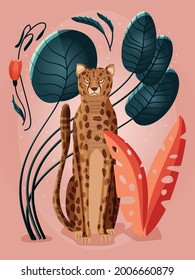 Portrait of a cheetah on pink background surrounded with colorful plants, palm leaves and flowers. hand drawn vector illustration. 