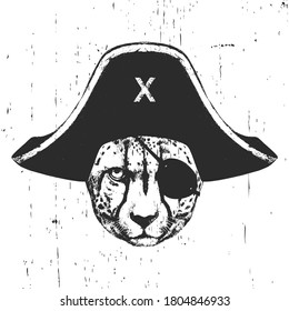 Portrait of Cheetah with pirate hat. Vector. 