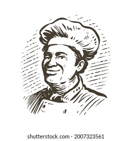 Portrait of chef in hat. Cooking vintage sketch. Illustration for the design of the menu of a restaurant or diner