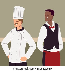 portrait of chef and waiter in working uniform vector illustration design