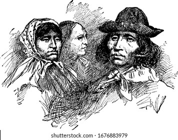 Portrait of Cherokee Indians, they were Native American tribe lived in the American Southeast portion of the country, vintage line drawing or engraving illustration.