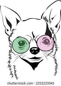 Portrait of a chihuahua dog in colorful sunglasses in a minimalist style, vector image isolated on a white background