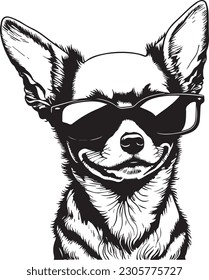 Portrait of Chihuahua puppy with glasses, thug life. Vector art illustration. T-shirt design. print friendly, with no background only black. easy to change color with separate named paths and layers