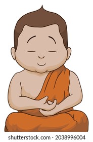 Portrait of child Buddha sitting and meditating with closed eyes and wearing an orange kasaya, over white background.