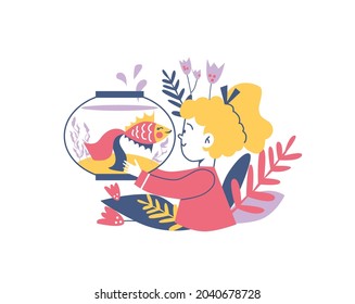 Portrait of child loves and cares of domestic animal, flat vector illustration isolated on white background. Child girl playing with her aquarium fish pet.
