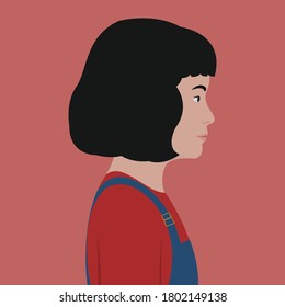 Portrait of a child. Schoolgirl in Overalls. Vector flat illustration