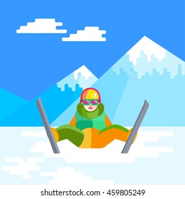Portrait of child skier having fun in the snow. Flat vector Cheerful baby sitting and resting at the foot of the mountain. Skier relax during skiing.