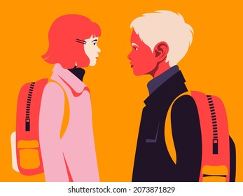 Portrait of children with backpacks in profile. Successful education. Boy and schoolgirl after lessons at school. Side view. Bright vector flat illustration