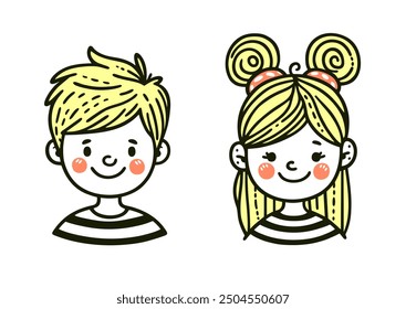 Portrait of children boy and girl. Smiling faces of boy and girl on family portrait. Colorful flat vector illustration isolated on white background. Pictogram, icon, banner, sign, logo, flyer, sticker