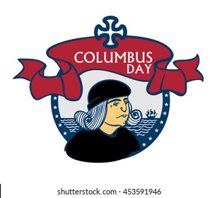 portrait of Christopher Columbus, a stylized drawing of a hand, the celebration of Columbus Day