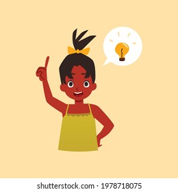 Portrait of clever african american child girl raising finger up having brilliant solution and good idea, flat vector illustration isolated on background.