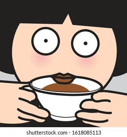 Portrait Closeup Of A Weird Girl Drinks Her Lips With A Cup Of Coffee Concept Card Character illustration