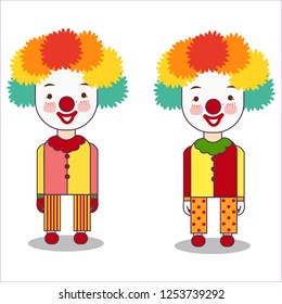 Portrait of clown isolated on white background wearing costume with wig and red nose occupation flat vector illustration