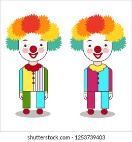 Portrait of clown isolated on white background wearing costume with wig and red nose occupation flat vector illustration